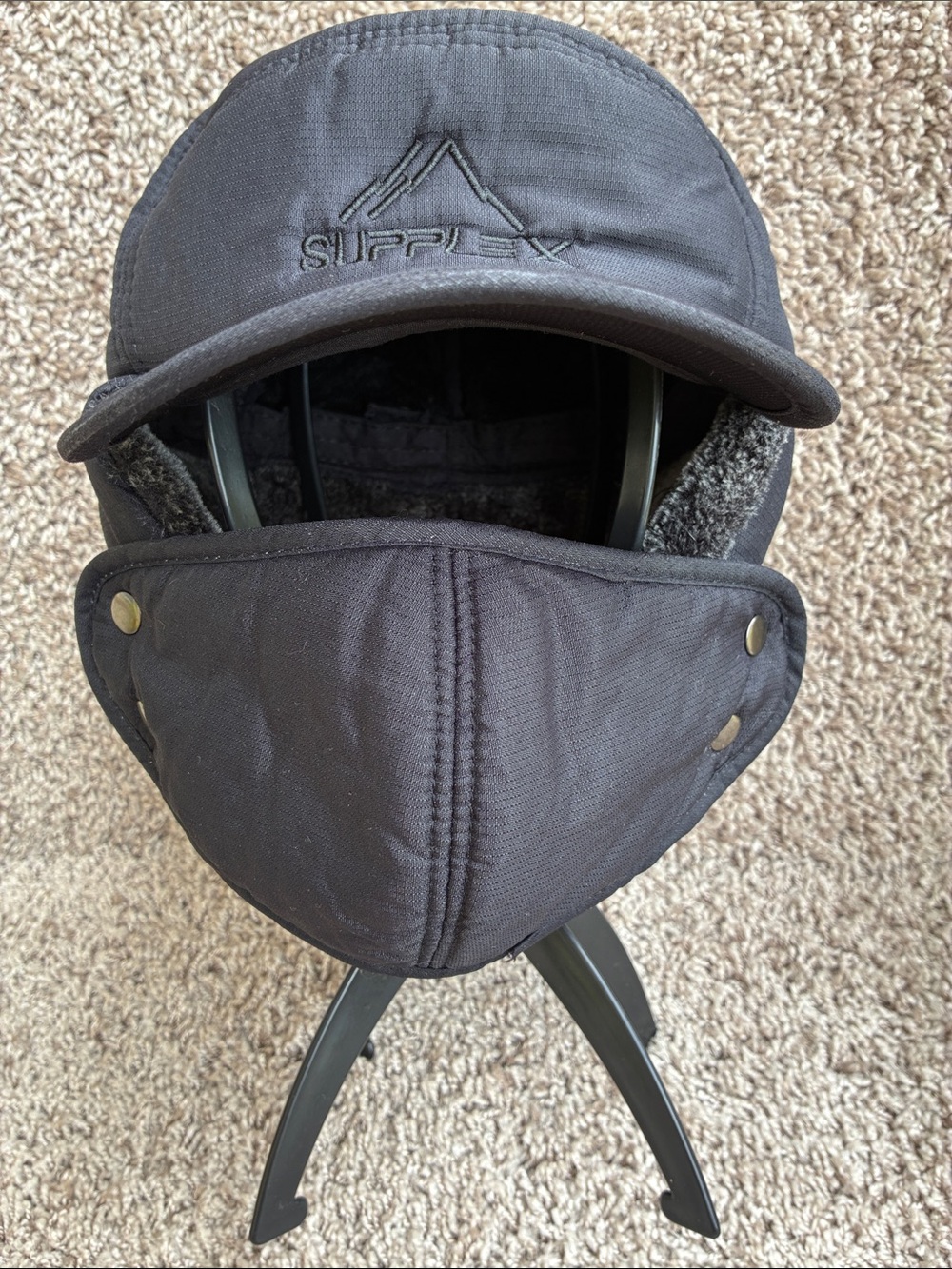 Supplex Black Winter Fur Lined Trapper Hat with Removable Face Mask
